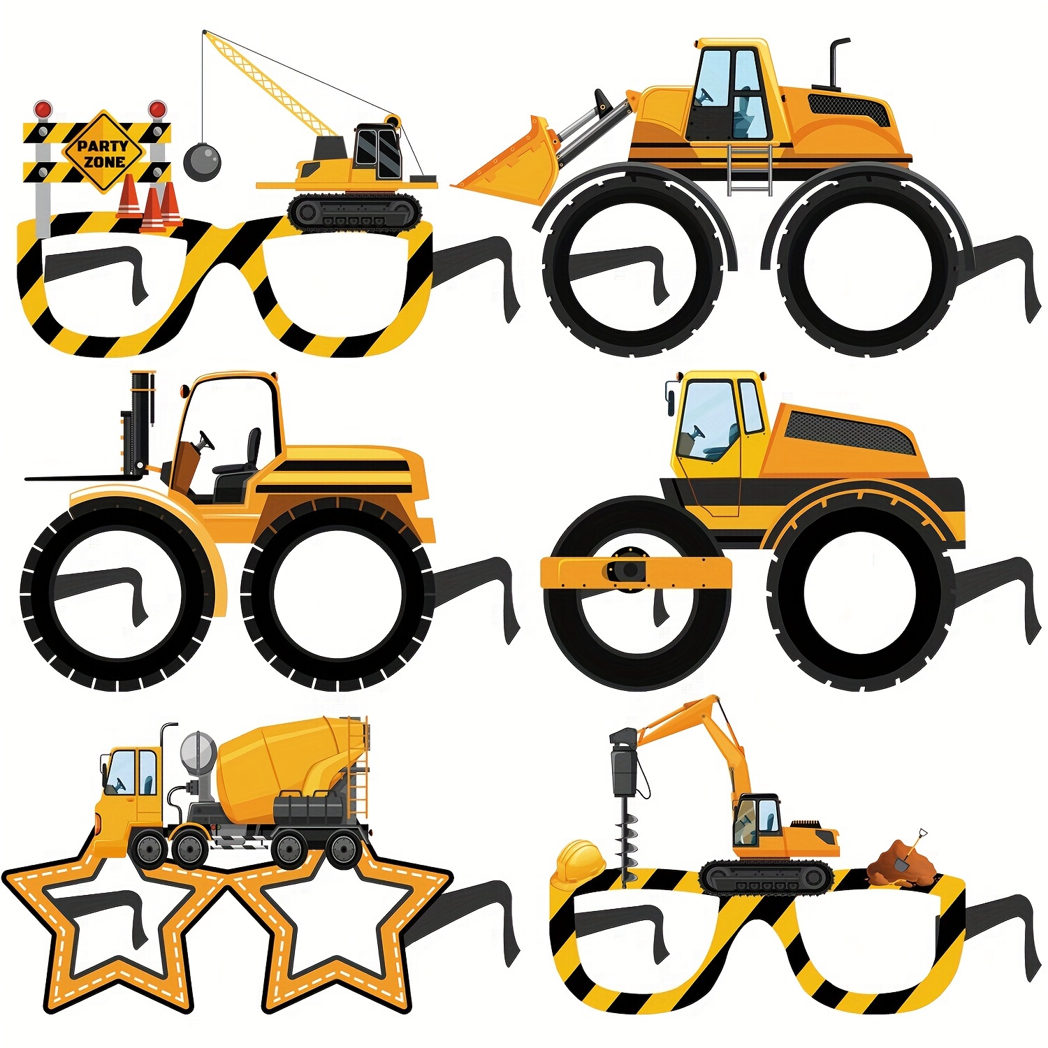 Image of 6pcs Construction Theme Party Photo Booth Props Glasses - Fun Selfie Props For For Birthday & Themed Celebrations, Featuring Excavator & Other Construction Trucks Designs