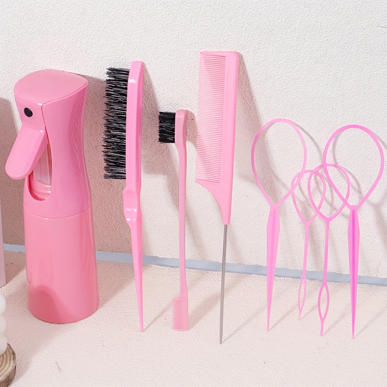 TEMU 8pcs Professional Hair Styling Tool Set, Including A Hair Spray Bottle, Braiding Rings, Rat Tail Comb, Teasing Brush, Edge Control Brush,