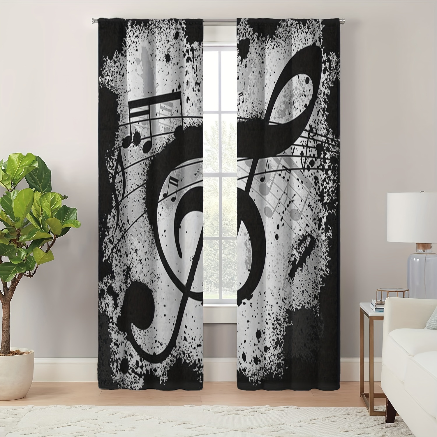 

Boho Style Jacquard Doorway Curtains With Tie Back - 2 Panel Set, Artsy Musical Notes Design, Polyester Black And White Living Room Darkening Panels, Machine Washable Curtain Set With Tiebacks