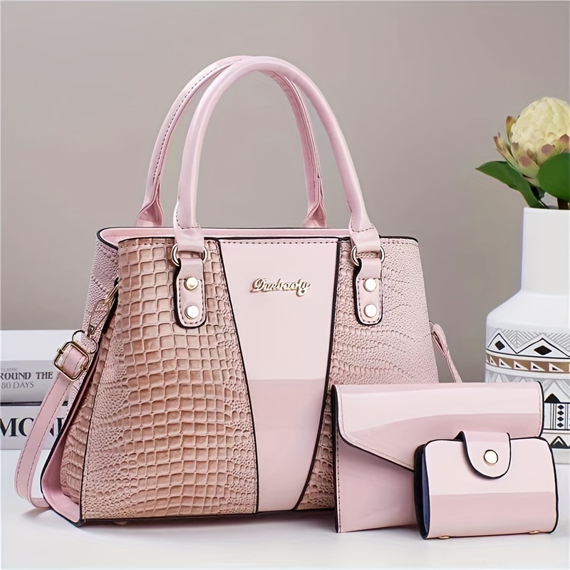 

3pcs Crocodile Pattern Handbag Set, Stylish Glossy Tote Bag, Crossbody Bag With Clutch Bag And Credit Card Holder For Women