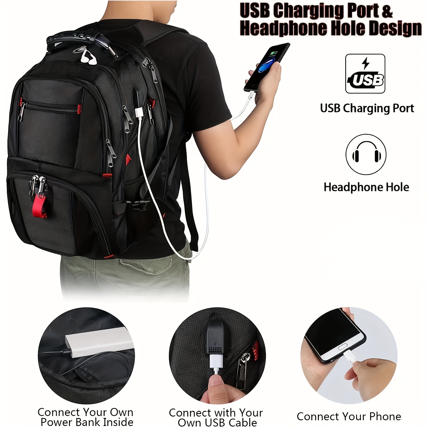 Extra Large 50L Travel Laptop Backpack with USB Charging Port, College Amazon.com: SHRRADOO Extra Large 50L Travel Laptop Backpack  main image 4