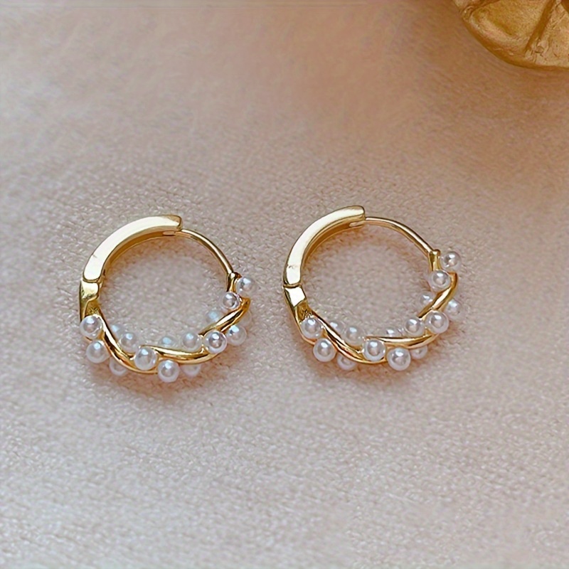 

Elegant Golden-tone Braided Hoop Earrings With Uniform Pearl Row - Luxurious Alloy Design For Weddings & Gifts, Chic Accessory For Women