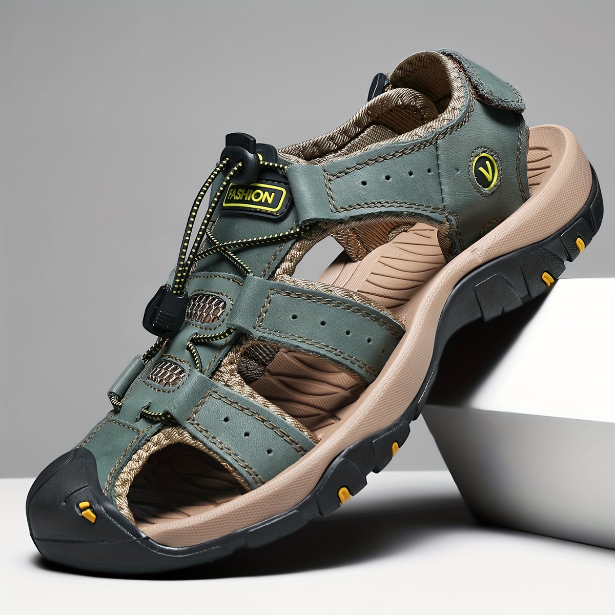 mens summer   lightweight breathable casual sandals with adjustable straps pu upper non slip rubber sole for outdoor travel driving walking dark green yellow accents beach sandals summer footwear   fabric insole   closure 0