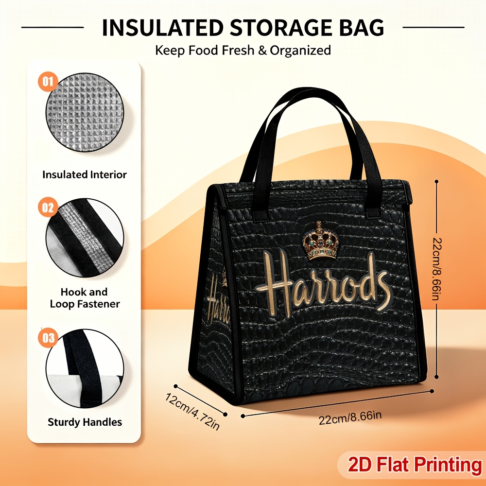 TEMU 1pc 2d Flat Compact 1.53-gallon Insulated Lunch Tote Bag With Black Crown Pattern Closure Refrigerated Food Carrier For School Meal Picnic