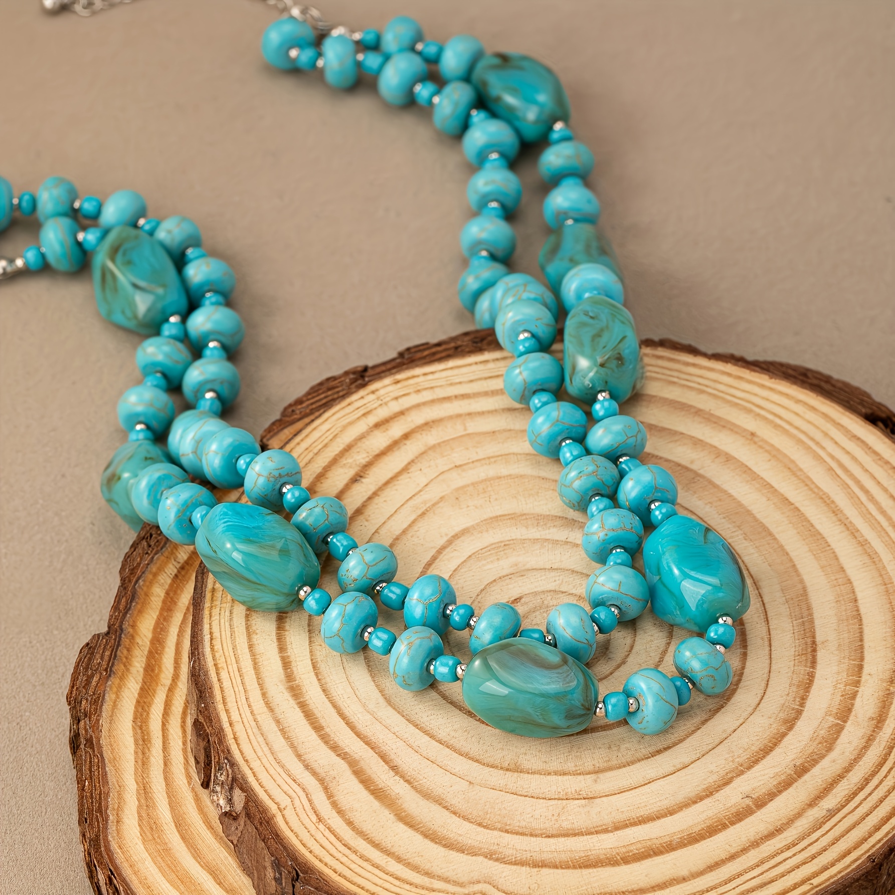Vintage Bohemian Double Layer Necklace, Irregular Turquoise Stone Beads