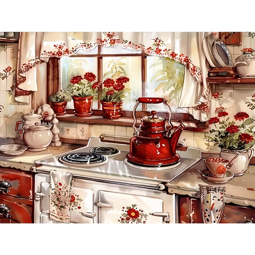 

Kit de Peinture de Diamant Vintage pour Cuisine - Rond Complet, Toile 16"x12" - Rouge Rustique & Blanc avec Accents Floraux, pour la Décoration de , Peinture d'Art de Diamant