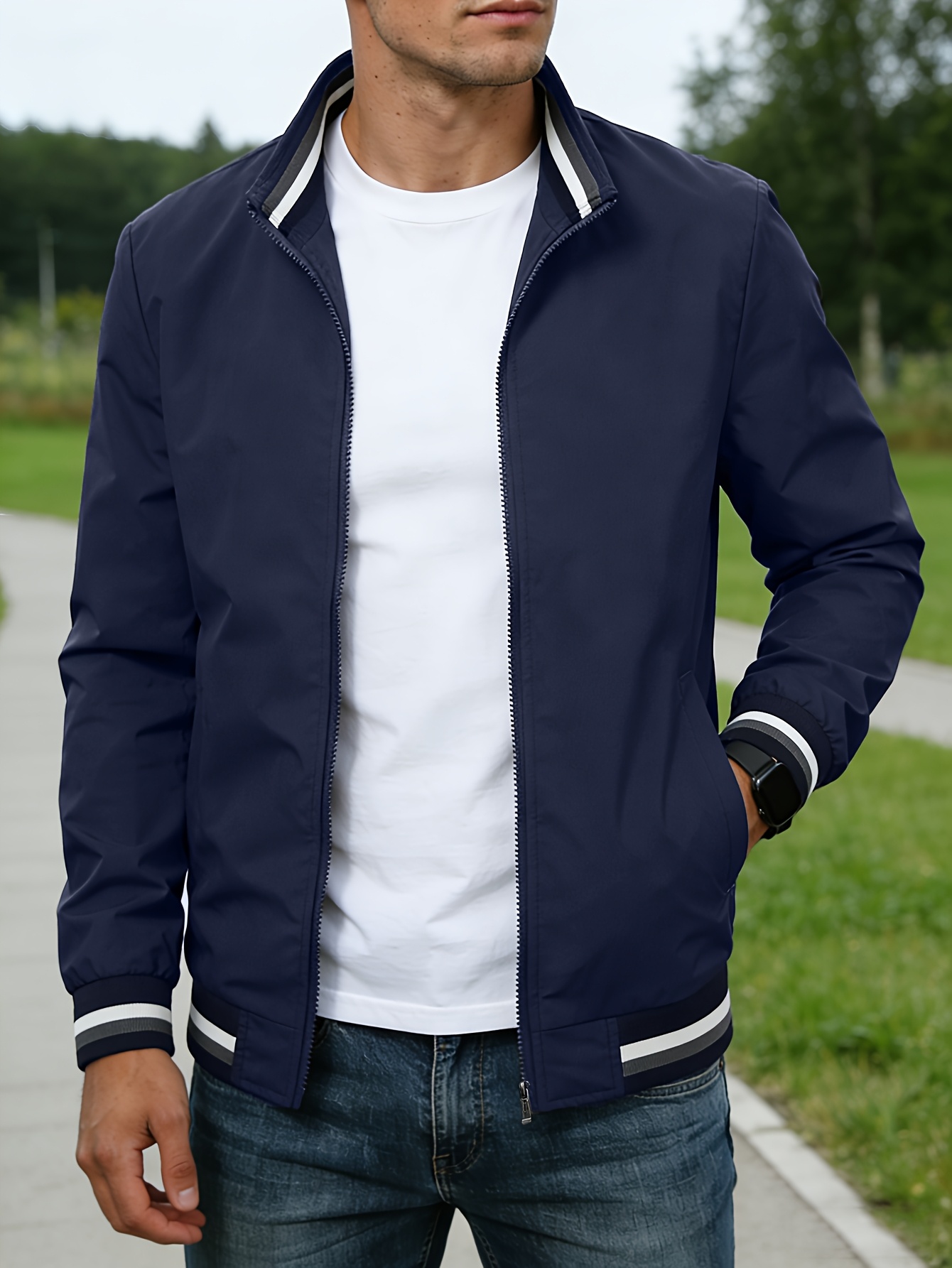 mens lightweight windproof   jacket with stand collar zip up door zipper striped trim breathable outdoor sports coat suitable for running hiking cycling casual wear machine washable jacket for training and daily use