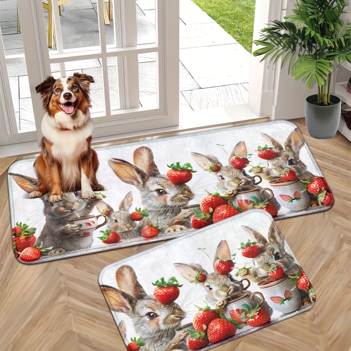 

Charming Rabbit Strawberry Doormat – Non-slip, Machine Washable, Lightweight Polyester Indoor/outdoor Rug – Versatile Entrance Mat For Home, Patio, Farmhouse – Sizes 29.5x17.7, 47.2x17.7 Inches