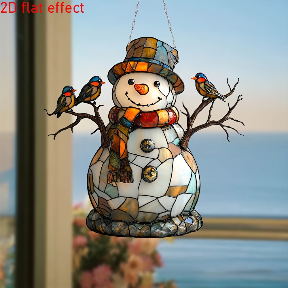 

2d Flat Art Deco Acrylic Snowman Suncatcher, Multicolored Stained Wall Hanging Decorative Plaque, English Text, Mounting, With Ideal Gift For Christmas And New Year