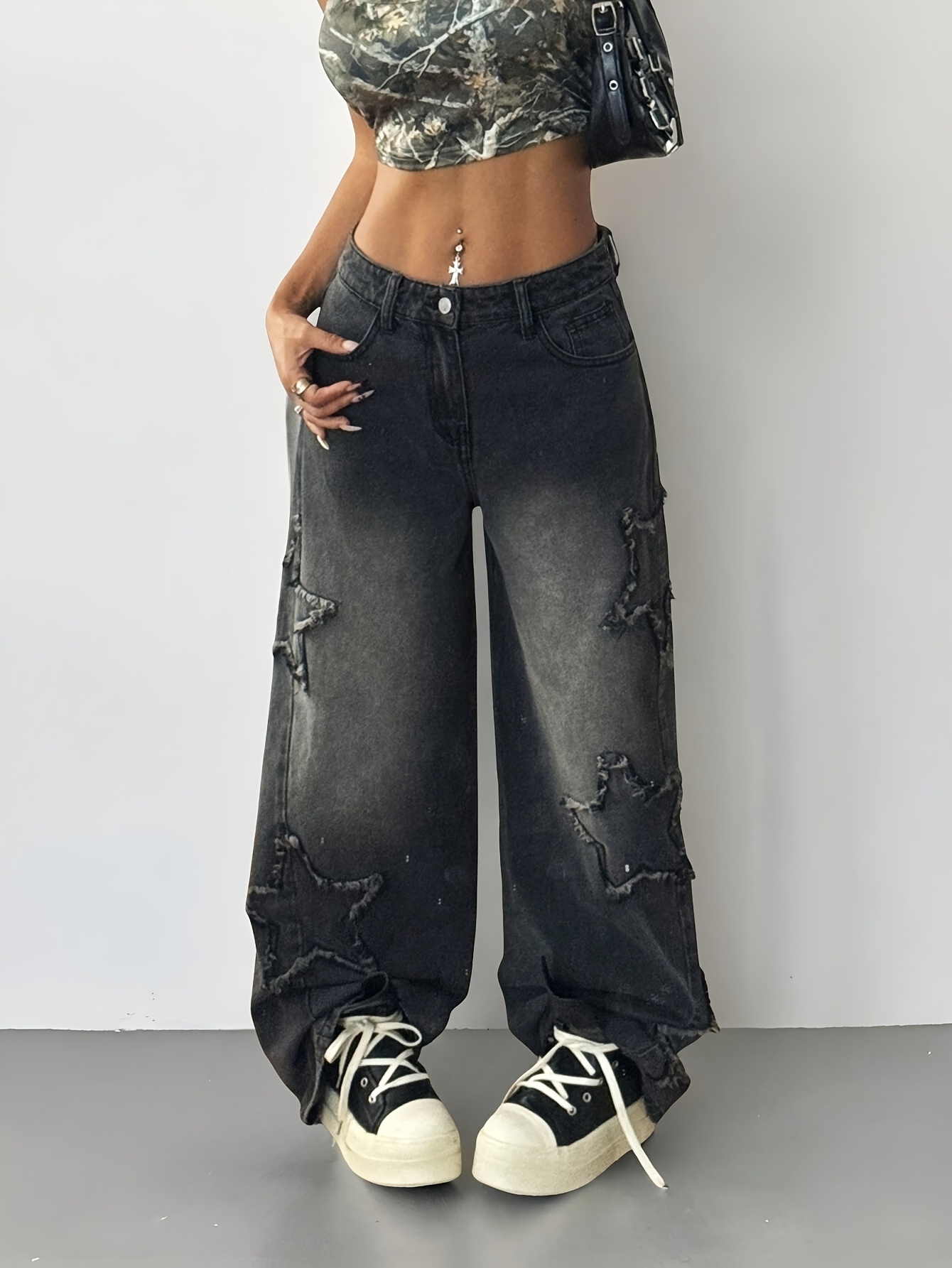 cool black gradient wide leg jeans personality star broken - Temu