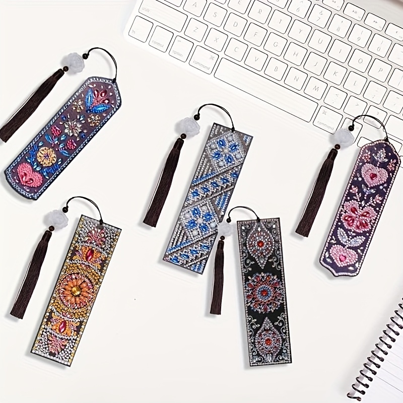 TEMU 6pcs 5d Diamond Painting Bookmarks With Tassels - Intricate Floral, Geometric & Paisley Designs, Sparkling Rhinestones, Irregular & Round