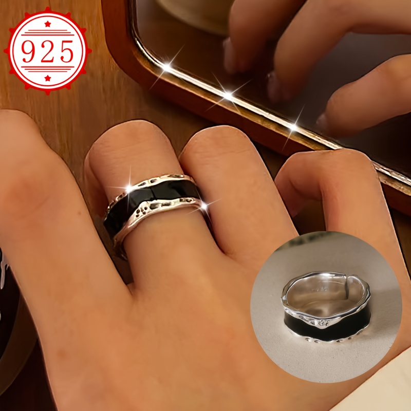 

Elegant 925 Sterling Silvery Adjustable Ring - Hypoallergenic, Black Enamel Design With Unique , Perfect Gift For Her On Christmas & Thanksgiving