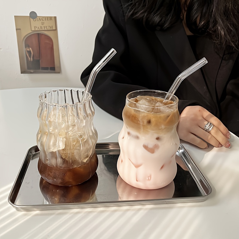 

1pc Cloud-inspired Glass Coffee Cup - High Borosilicate, Reusable, Striped Design For Juice & Milk Tea - Perfect For Home Use Coffee Cup With Lid Iced Coffee Cup With Lid And Straw