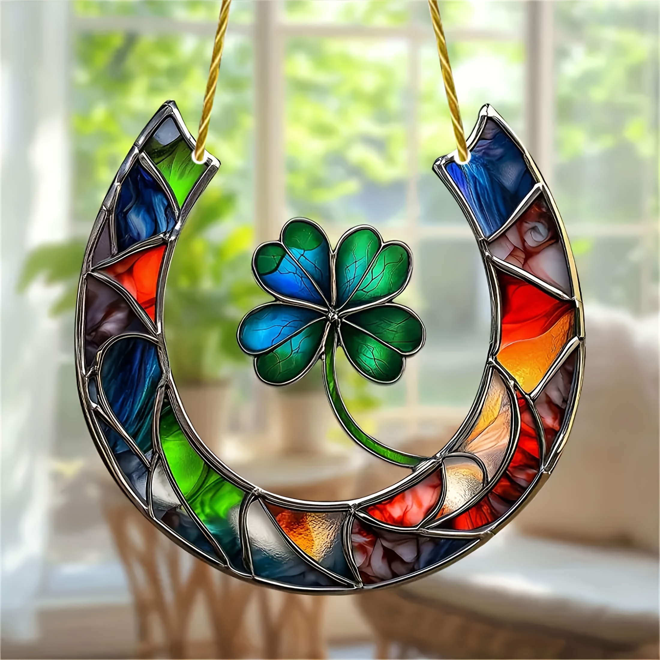 

1pc Horseshoe & Clover Acrylic Suncatcher, Stained Wall Hanging Decor, Pvc Material, Ideal For Living Room, Bedroom, Office - Perfect Birthday Gift For Best Friend