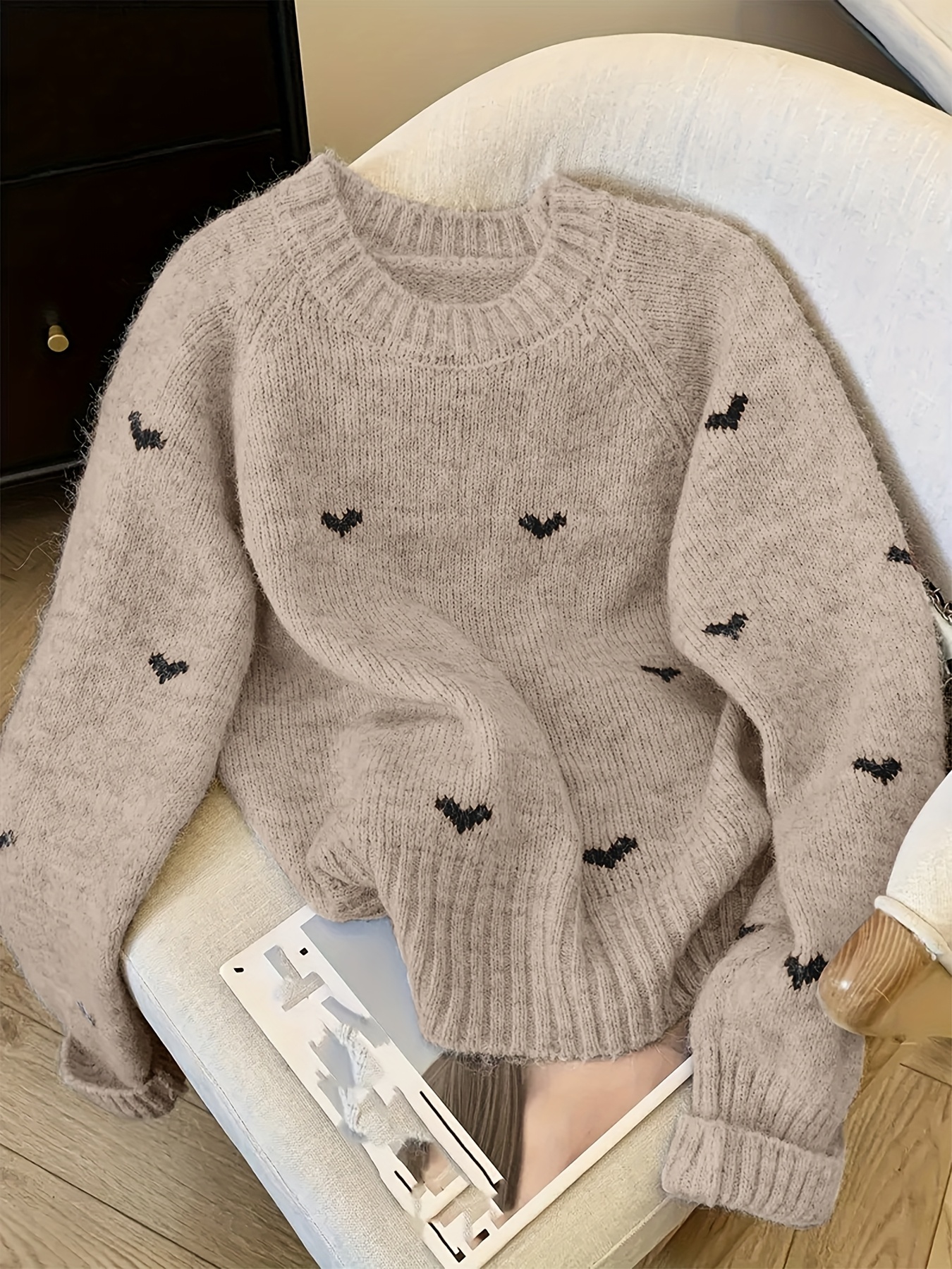 damernas hjärtmönster rund hals långärmad - Temu Sweden