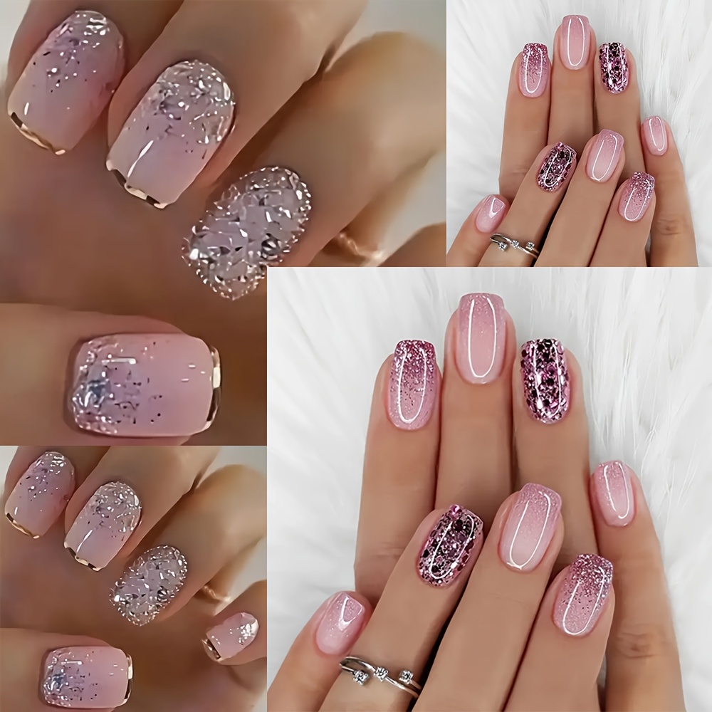 TEMU Look With This 48pcs Short Square Nail Art Set Featuring Glitter Accents, Gradient Design, Glossy Fake Nails, And Extendable Detachable Nails.