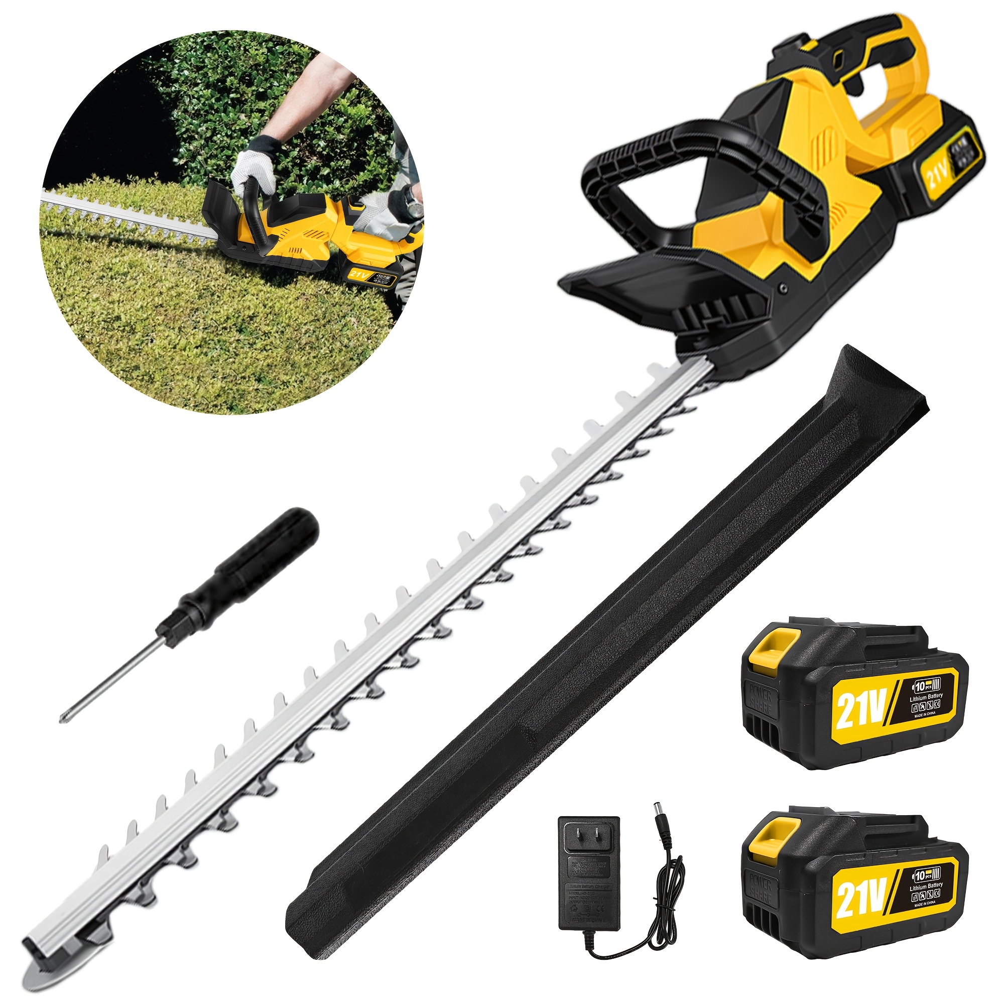 TEMU 21v20 Inch Hedge Trimmer, Lithium Battery Hedge Trimmer, With Dual Batteries And Fast Charger, Safety Lock, Design, Adjustable Trimming Angle,