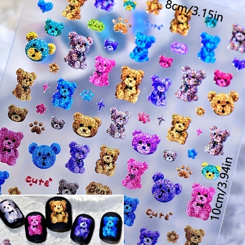 1pc Cat Eye Cartoon Nail Stickers - Self-adhesive, Cute Multicolor Glitter Bear Nails, Diy Accessory Decals