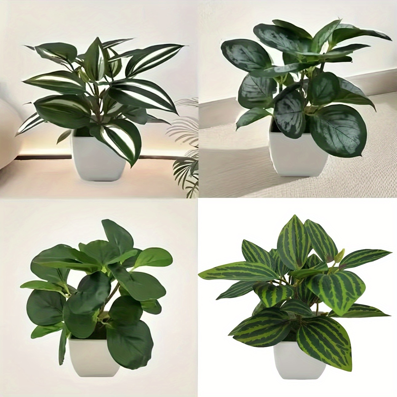 

4pcs Set Of Lifelike Artificial Greenery In Chic White Pots - Mini Plants With Watermelon Leaf Design For Desk, Bathroom, Bedroom Decor - Ideal For , Includes Decorations, Garden Decorations