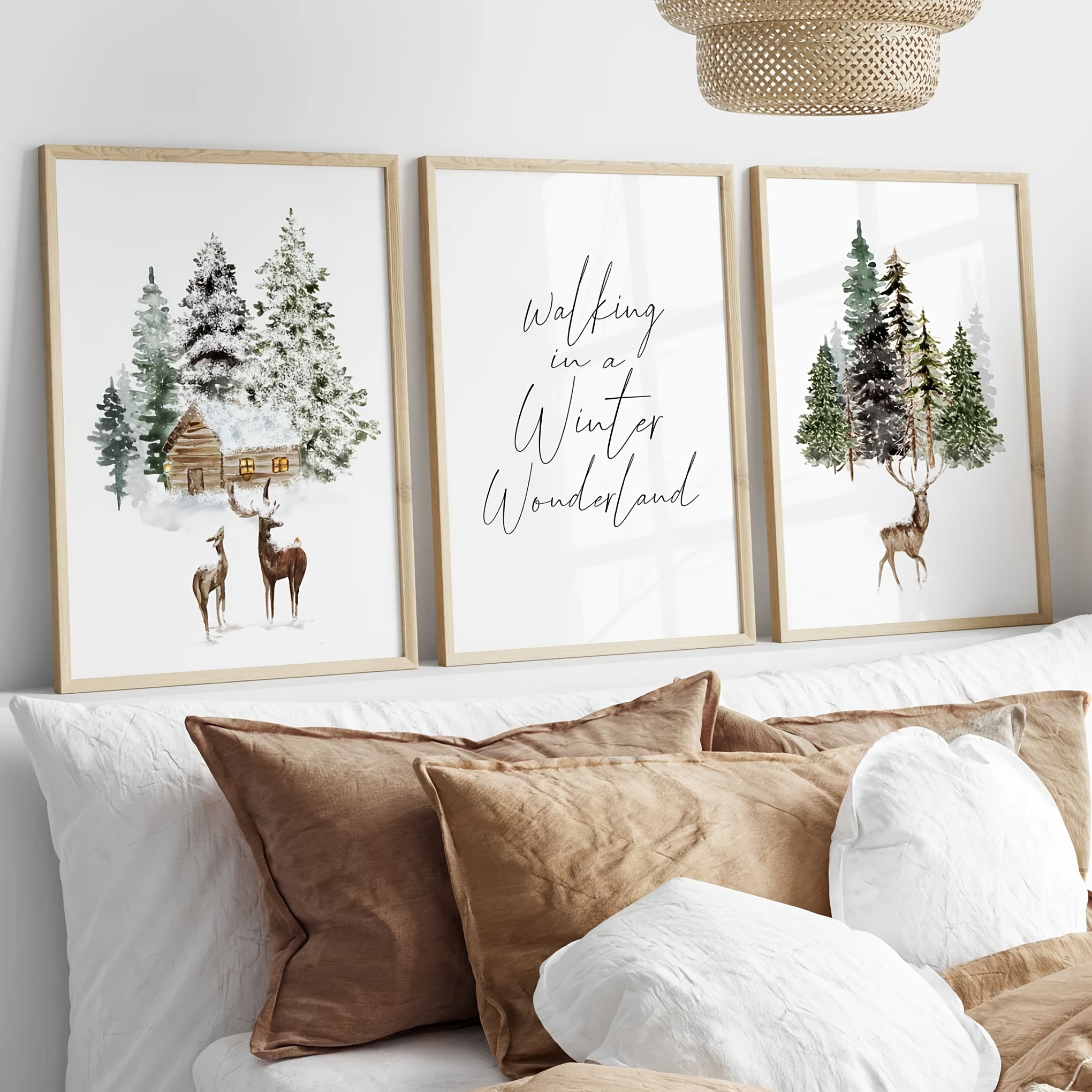 

Print: Snowy Pine Trees, Wooden Cabin, And Christmas Reindeer - Canvas Wall Art For Bedroom, Living Room, Kitchen, Or