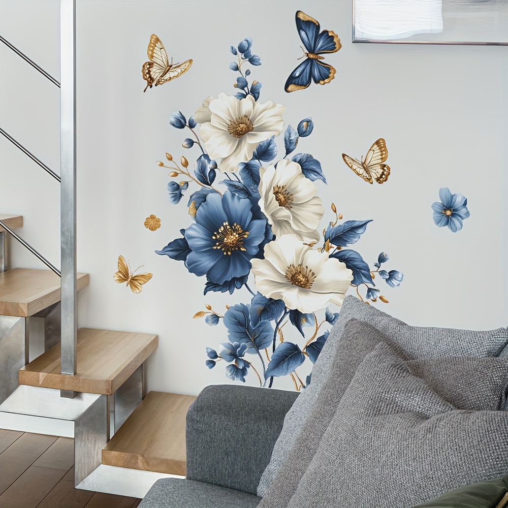 TEMU 2pcs/ Set Blue And White Floral Flower Wall Sticker Decorative Bathroom Toilet Sticker Bedroom Wall Sticker Flower Decoration Self-adhesive
