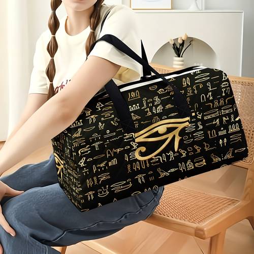 2d flat print ancient egyptian and eye of horus pattern travel tote bag large capacity foldable storage dual use as handheld or crossbody bag suitable for short trips airport boarding and vacation 2d flat