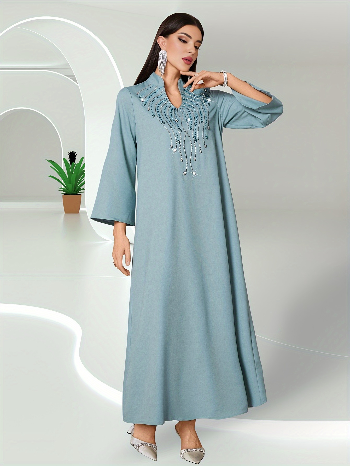 Rhinestone V Yaka Kaftan Elbise, Zarif Uzun Kollu Maxi Elbise, Kadın Giyim