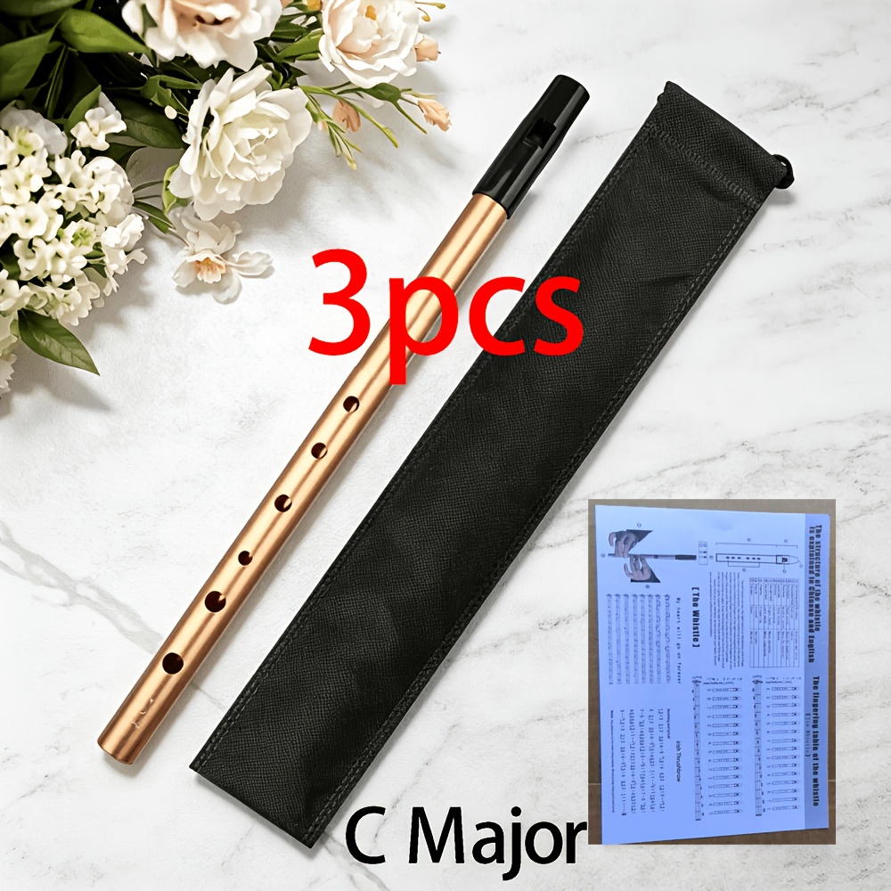 TEMU 3pcs Irish Whistle Set With Storage Bag And Paper Manual, Key Irish Tin Penny Whistle, 6-hole Aluminum Alloy Flute Recorder, Musical Instrument