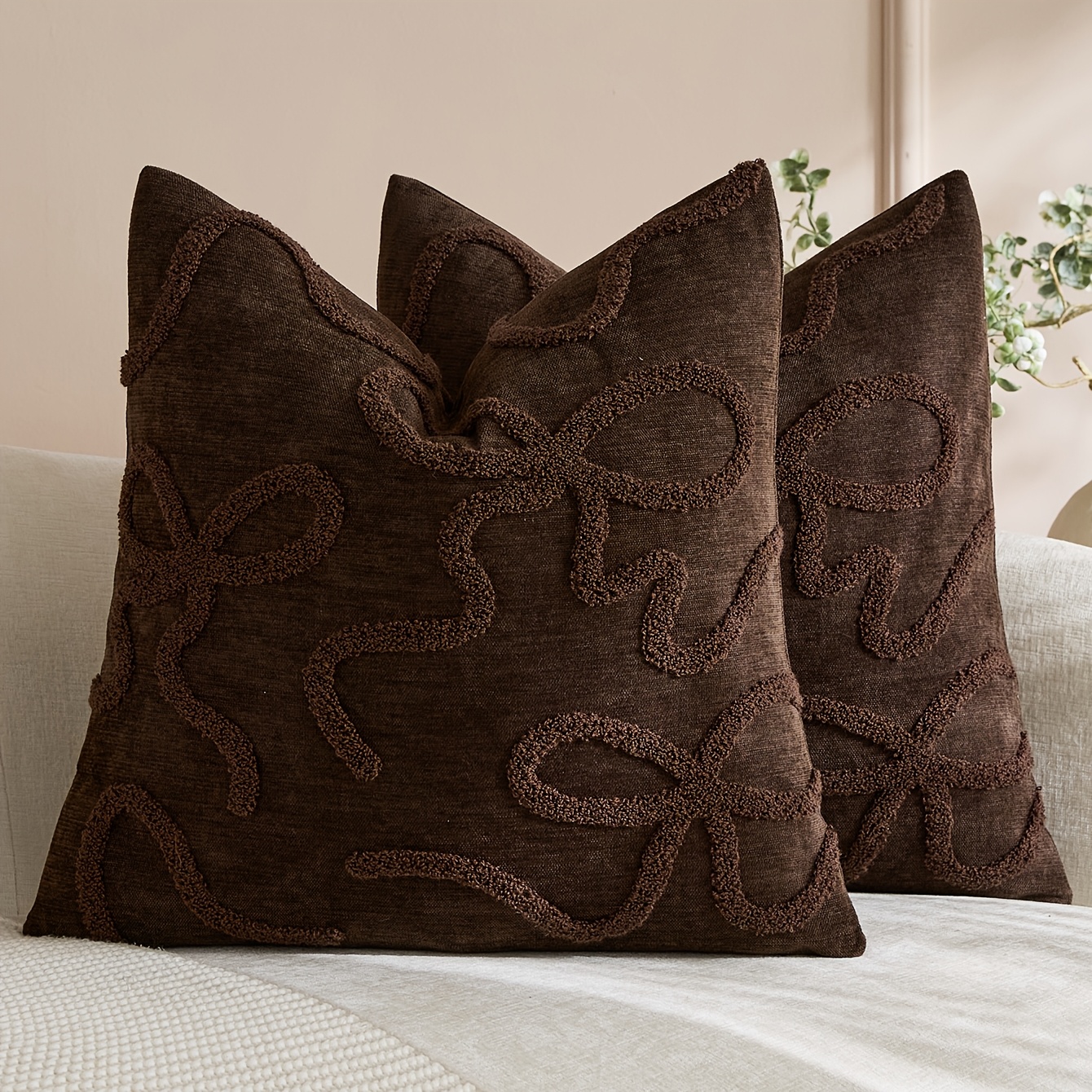 Image of 2pcs 2pcs Coquette Bow Tufted Throw Pillow Covers Suitable For Boho Farmhouse Chenille Cushion Cases With Zipper Closure, Retro Tufted Bow Decorative Pillows For Bed, Couch, Car, - Hand Wash Only