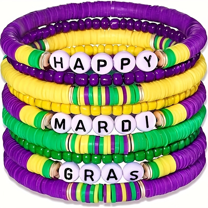 

9pcs/set Mardi Gras Beaded Bracelets, Multicolor Clay Bohemian Bangle Bracelets, Vintage Boho Style Stackable Stretchy Jewelry, Holiday Festive Accessory