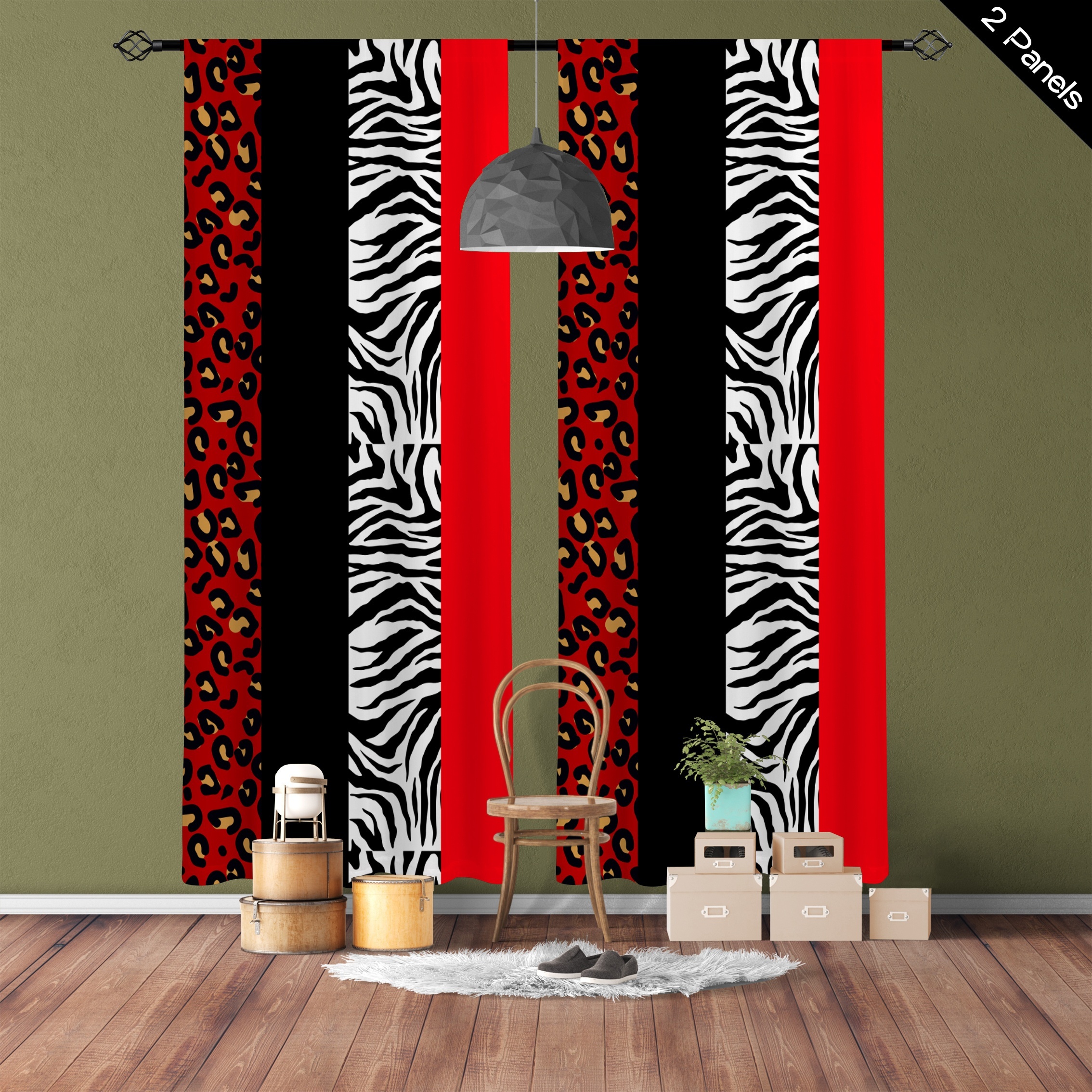 

2pcs, Red Vertical Strip Leopard Zebra Print Translucent Curtains, Multi-scene Polyester Rod Pocket Decorative Curtains For Living Room Playroom Bedroom Home Decor Party Supplies