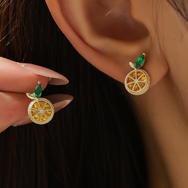 E-shop 1 Paar Einfache Modische Kupfer-Inlay Kubische Synthetische Zirkonia Orangenförmige Ohrstecker, Schickes Fruchtdesign Ohrringe, Ideal für Damen