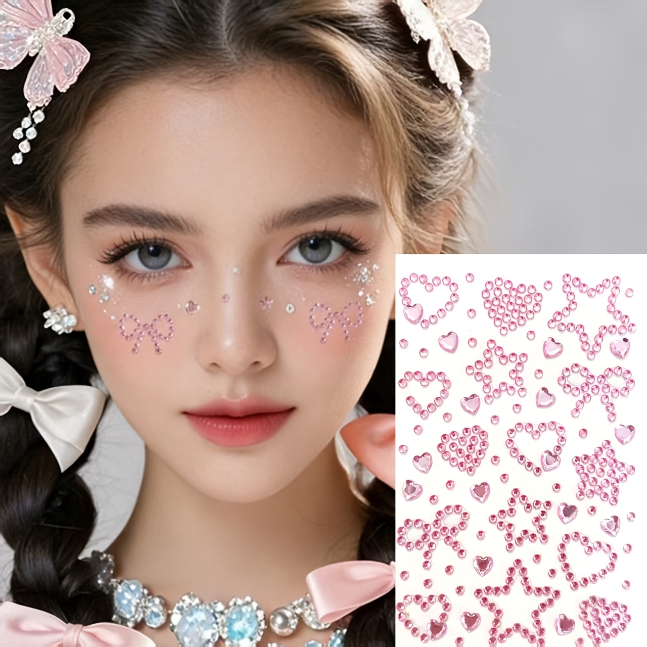 TEMU 2pcs Multicolor Shaped Face Sticker Diamond Embellishments All-, Stage Party Makeup Accent, Girly Creative Beauty Decor Set