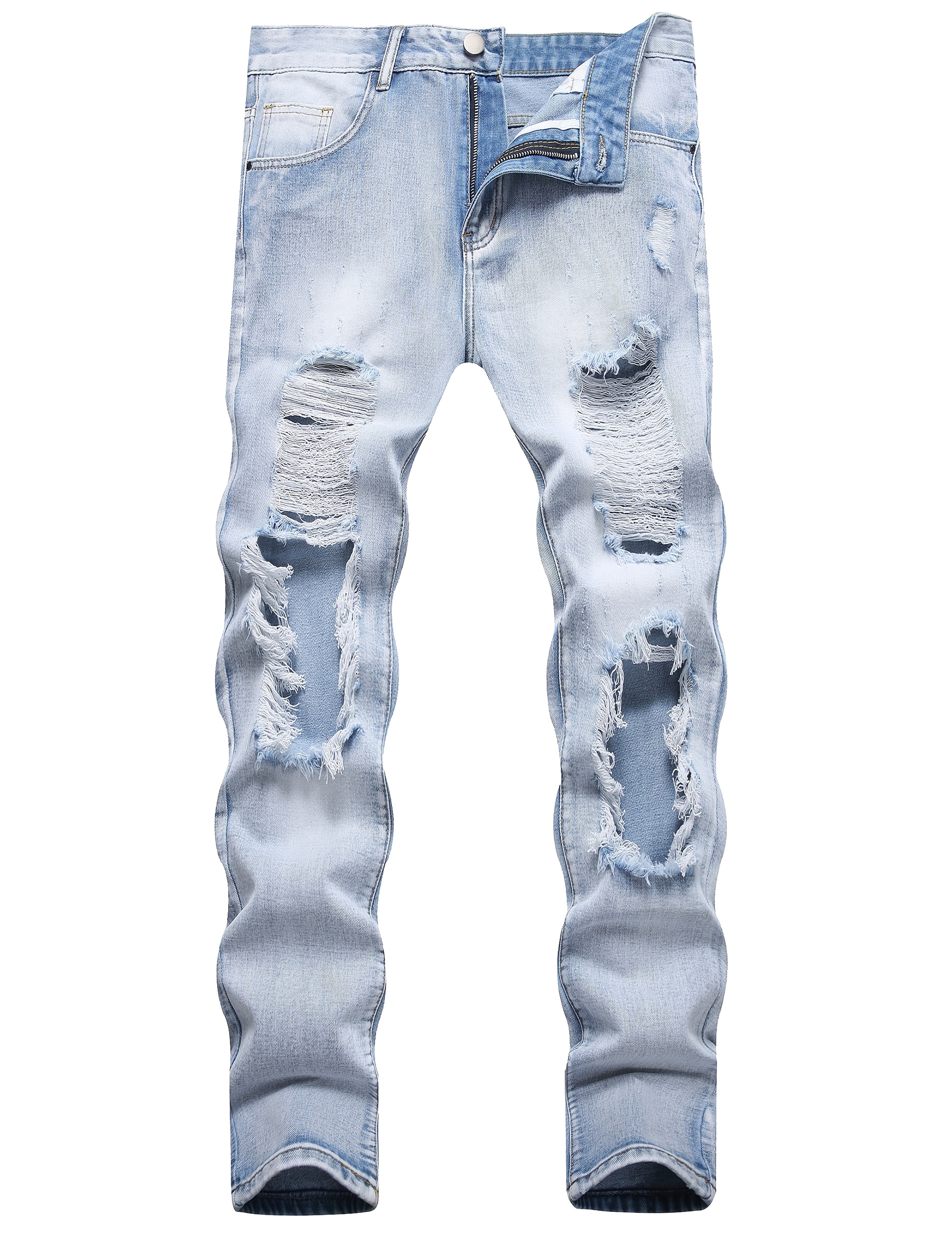 *'* Style Ripped Jeans, Regular Fit Waist Denim Pants, Non-Stretch Solid  Color, with Distressed Details, for Casual Weekend Wear, All-Sea