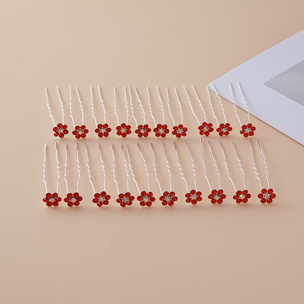 TEMU 20pcs Set, Red Rhinestone Flower Hairpins, Bridal Wedding Engagement Banquet Ethereal Headpiece, Dating Commute Exquisite Hair Accessories,