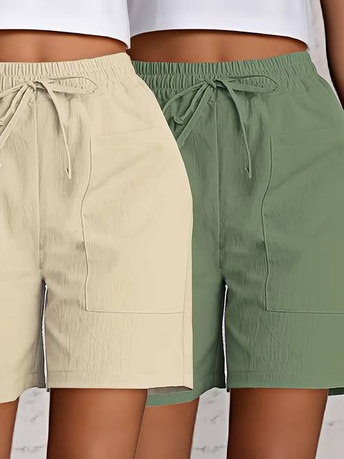2pcs womens casual solid color drawstring shorts with pockets light blue red polyester machine washable elegant summer style