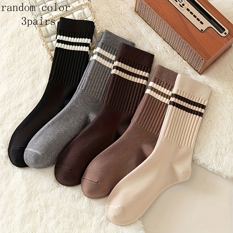Image of 6pcs (3 Pairs) Two-bar Tube Socks, Fashion Women's Socks, Soft Warm Legs Thin, Spring And Summer, , Holiday Gifts, Random Color