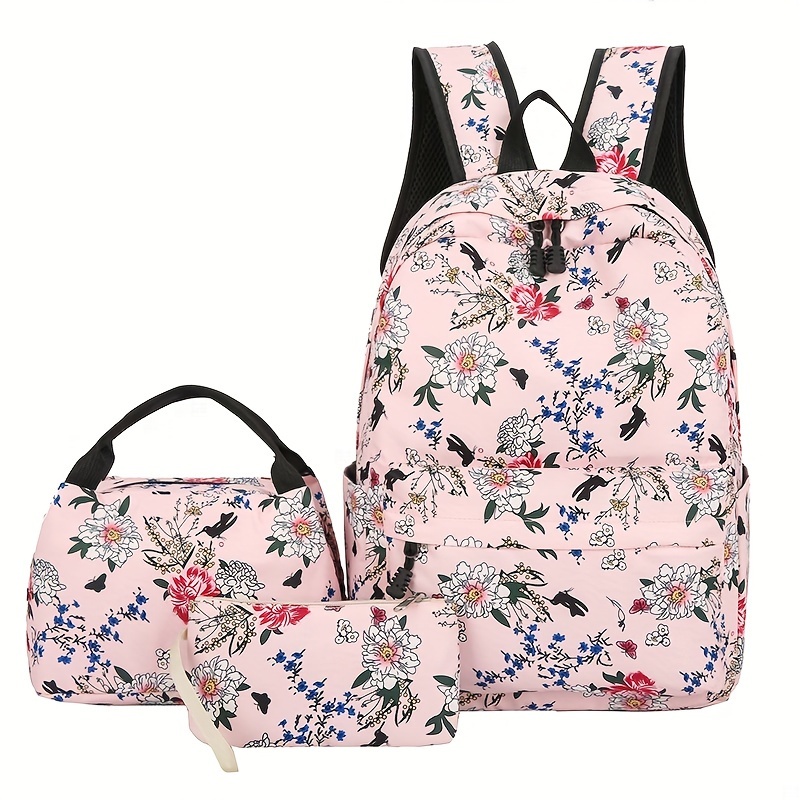 

Women's Floral Print Nylon Backpack 3-piece Set, Casual Style, Student Schoolbag, Satchel Bag With Zipper Clutch Bag