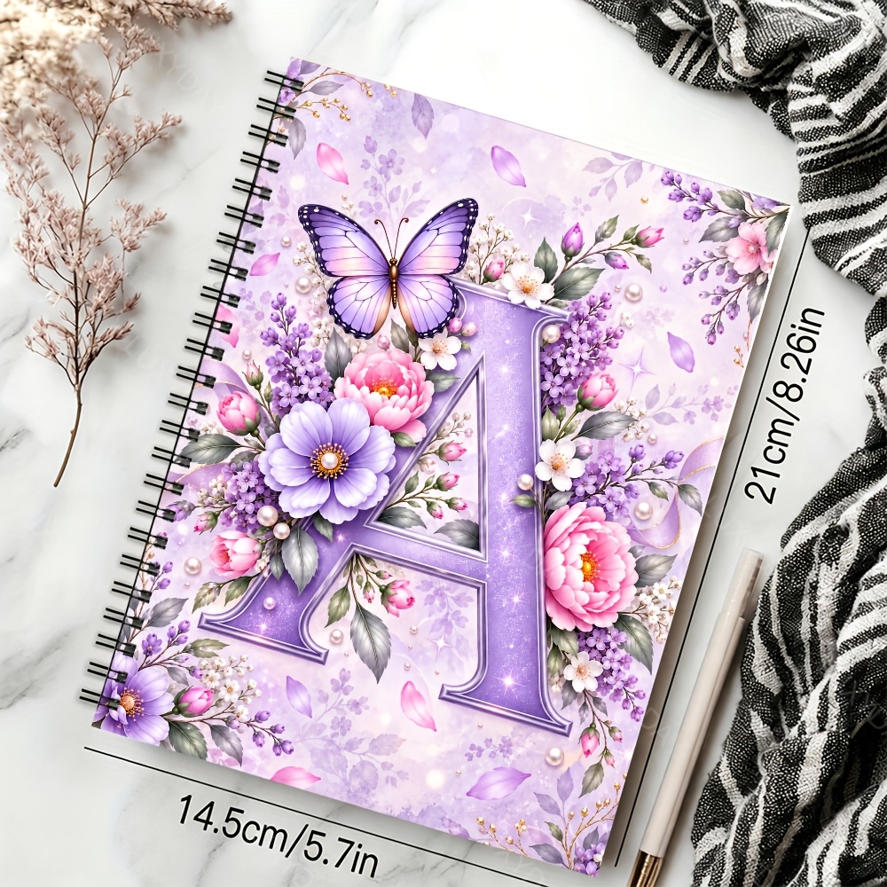 TEMU Purple Starry Initial Floral A5 Spiral Notebook, , Flowers, Pearl And Falling Petal Cover For Journal, , Work Notes, And Daily Writing, 1pc, 60