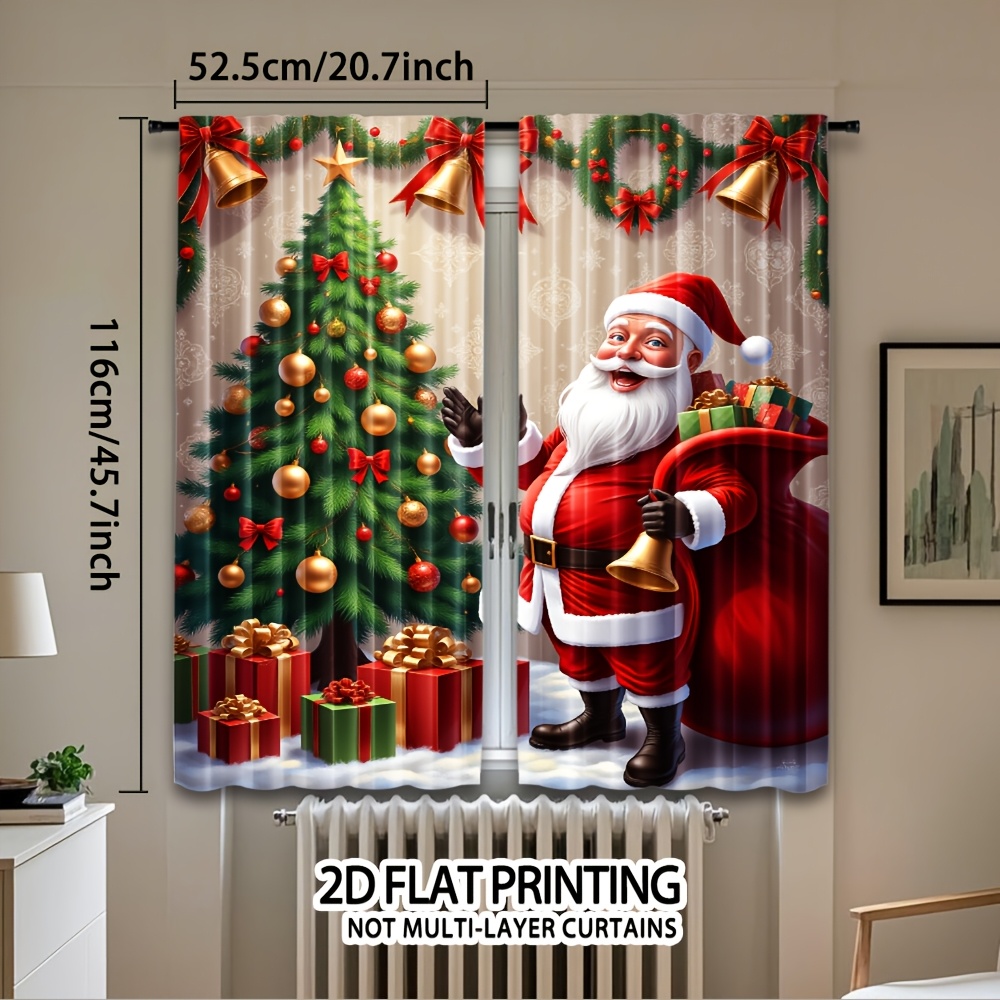 TEMU 2d Flat - 2d Flat - Set Of 2 Washable Polyester Curtains Featuring A Festive Santa Tree Print, Perfect For Decor Room, Bathroom, Or . Artistic