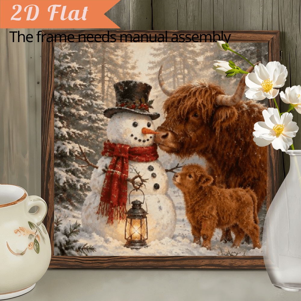 TEMU 2d Flat Decorative Signs Plaques 8x8inch Wooden Sign Christmas Snowman And Highland Cows Winter Scene Farmhouse Rustic Art Wall Art Framed Wall