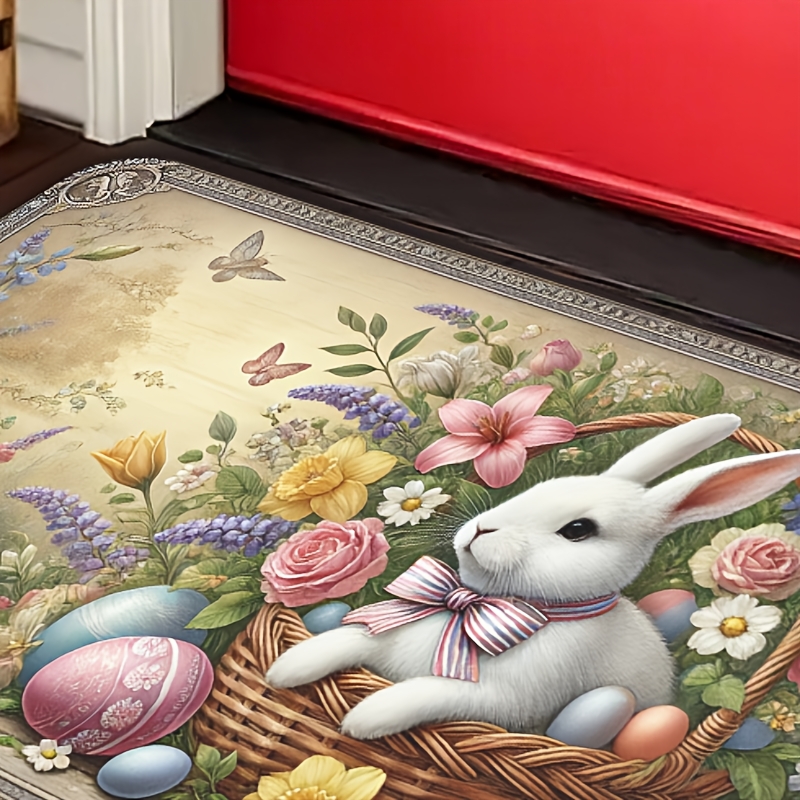 

Easter Bunny & Eggs Flannel Doormat - Non-slip, Machine Washable Rug For Bathroom, Kitchen, Bedroom, Office - Decorative Holiday Floor Mat Locking