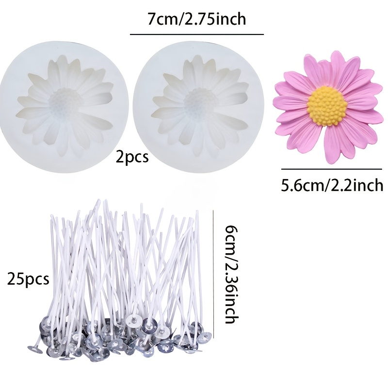 TEMU 27pcs Flower Silicone Mold Set, Including 25pcs Wicks And 2pcs Daisy Silicone Molds, Suitable For Handmade, Candle Making Petal Silicone Molds,