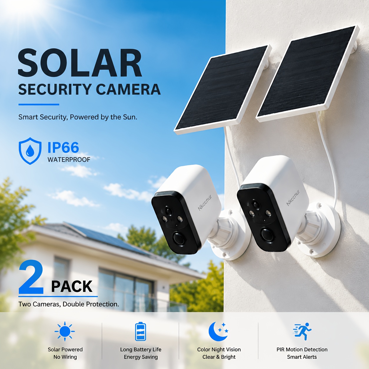 TEMU 2pcs 1024p Solar Powered Security Camera, Wireless Outdoor Wifi Camera, Night Vision, Motion Detection, Rechargeable Battery Surveillance Camera