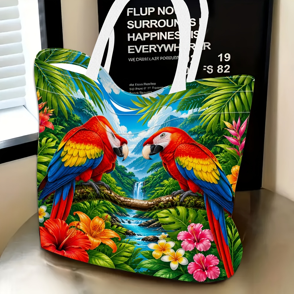 TEMU 1pc, Parrot Waterfall Theme Women's Shoulder Bag, Multi-functional, Handbag, Clutch, Evening Bag, Travel Essential, Exquisite , Daily Item,
