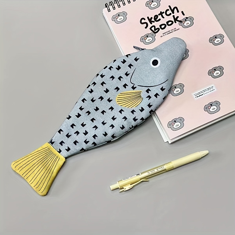 Fischförmiges Federmäppchen Set – Mit 4 Fischstiften, Schwarz, Gepolstert
