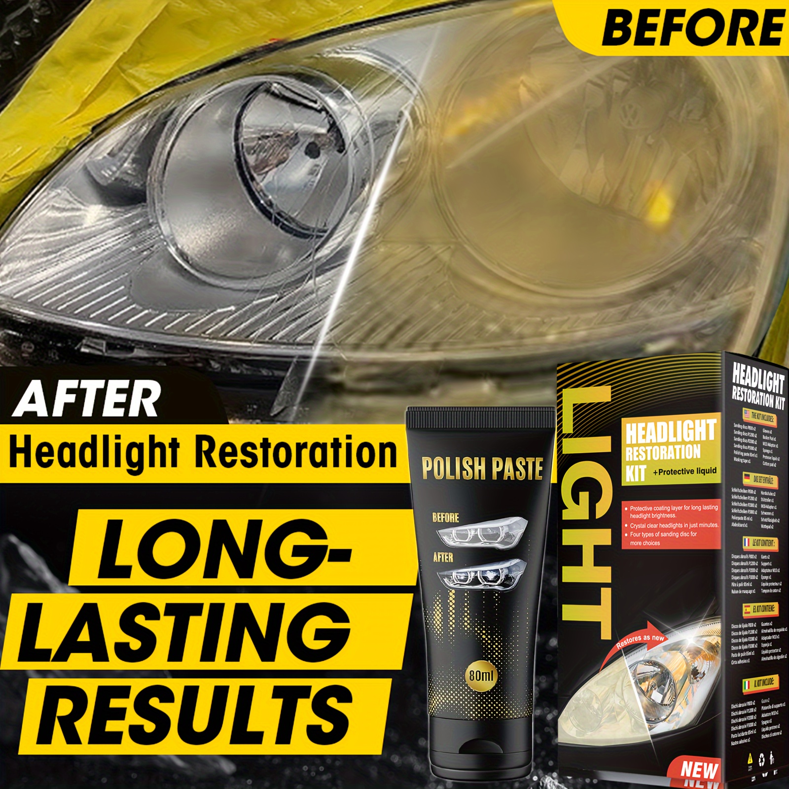 

19-piece Car Headlight Restoration Kit With Uv Protective Coating – Diy Headlamp Renewal Polish Restoration System – Removes Yellowing, , Dullness – Restores Clarity & Brightness On 2 Headlights