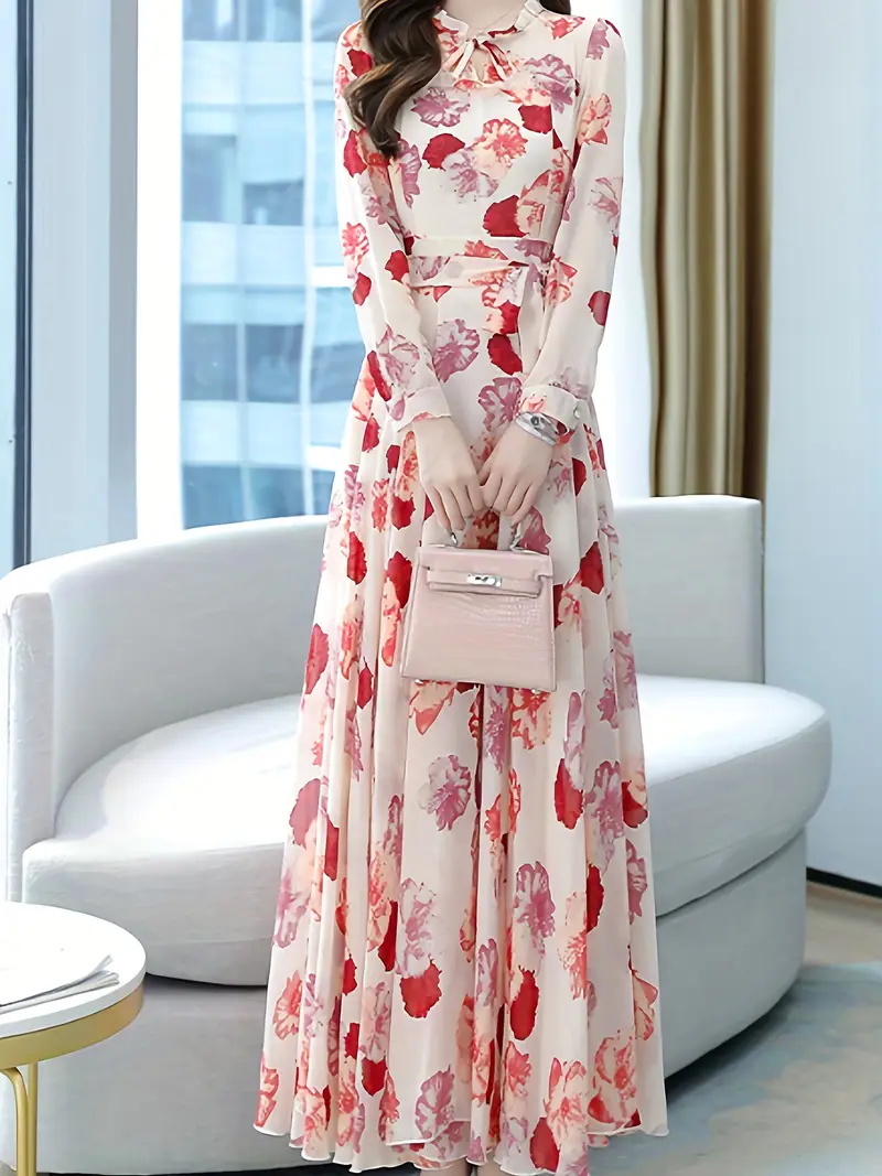 a romantic of spring flowers retro bohemian inspired elegant floral patterned long sleeved belted printed dress Product details 4