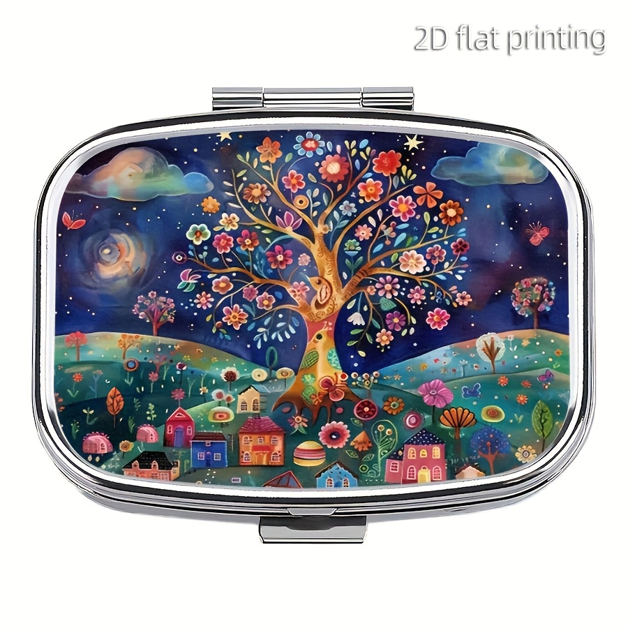 Image of 1pc "the And The Beautiful Village" Pill Box, Household Portable Medicine Storage Box, 2-grid Sub-packaging Medicine Box For Outdoor Travel & Office Organizer, Unique Gift