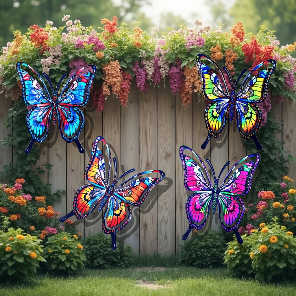 TEMU Lot de 4 décorations murales papillons en métal, ornement de jardin coloré, artisanat en métal pour intérieur/extérieur, accent – Idéal pour
